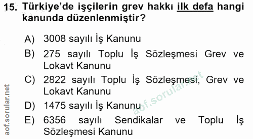 15. soru: Türkiye'de işçilerin grev hakkı ilk defa hangi kanunda düzenlenmiştir? A) 3008 sayılı İş Kanunu B) 275 sayılı Toplu İ…