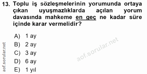 13. soru: Toplu iş sözleşmelerinin yorumunda ortaya çıkan uyuşmazlıklarda açılan yorum davasında mahkeme en geç ne kadar süre i…