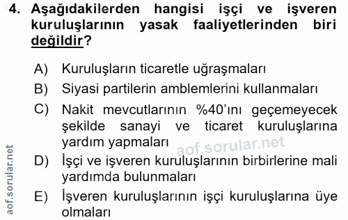 4. soru: Aşağıdakilerden hangisi işçi ve işveren kuruluşlarının yasak faaliyetlerinden biri değildir? A) Kuruluşların ticaretl…