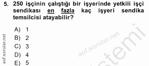 5. soru: 250 işçinin çalıştığı bir işyerinde yetkili işçi sendikası en fazla kaç işyeri sendika temsilcisi atayabilir? A) 1 B)…