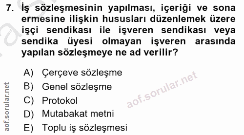 7. soru: İş sözleşmesinin yapılması, içeriği ve sona ermesine ilişkin hususları düzenlemek üzere işçi sendikası ile işveren se…