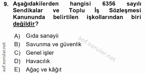 9. soru: Aşağıdakilerden hangisi 6356 sayılı Sendikalar ve Toplu iş Sözleşmesi Kanununda belirtilen işkollarından biri değildi…