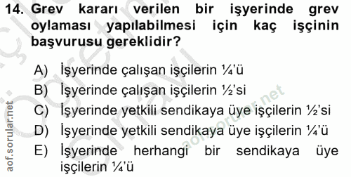 14. soru: Grev kararı verilen bir işyerinde grev oylaması yapılabilmesi için kaç işçinin başvurusu gereklidir? A) İşyerinde çal…