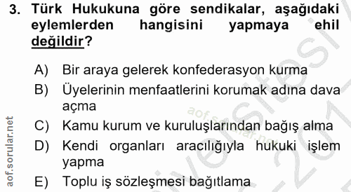 3. soru: Türk Hukukuna göre sendikalar, aşağıdaki eylemlerden hangisini yapmaya ehil değildir? A) Bir araya gelerek konfederas…
