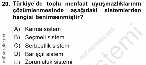 20. soru: Türkiye'de toplu menfaat uyuşmazlıklarının çözümlenmesinde aşağıdaki sistemlerden hangisi benimsenmiştir? A) Karma si…