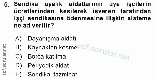 5. soru: Sendika üyelik aidatlarının üye işçilerin ücretlerinden kesilerek işveren tarafından işçi sendikasına ödenmesine iliş…