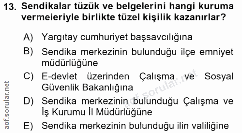 13. soru: Sendikalar tüzük ve belgelerini hangi kuruma vermeleriyle birlikte tüzel kişilik kazanırlar? A) Yargıtay cumhuriyet b…