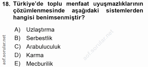 18. soru: Türkiye'de toplu menfaat uyuşmazlıklarının çözümlenmesinde aşağıdaki sistemlerden hangisi benimsenmiştir? A) Uzlaştır…