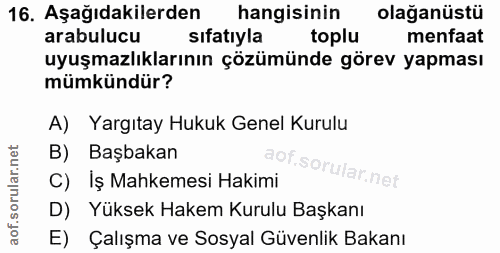 16. soru: Aşağıdakilerden hangisinin olağanüstü arabulucu sıfatıyla toplu menfaat uyuşmazlıklarının çözümünde görev yapması müm…