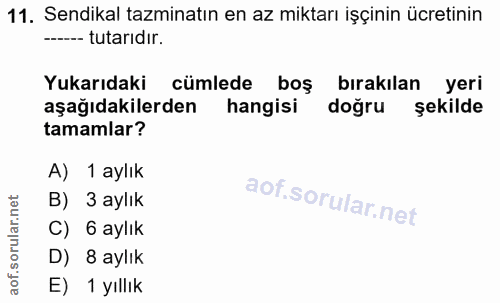 11. soru: Sendikal tazminatın en az miktarı işçinin ücretinin ---- tutarıdır. Yukarıdaki cümlede boş bırakılan yeri aşağıdakile…