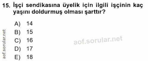 15. soru: İşçi sendikasına üyelik için ilgili işçinin kaç yaşını doldurmuş olması şarttır? 14 netl B) 15 ar. C) 16 orul D) 17 a…