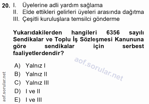 20. soru: I. Üyelerine adli yardım sağlama II. Elde ettikleri gelirleri üyeleri arasında dağıtma III. Çeşitli kuruluşlara temsi…