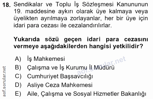 18. soru: Sendikalar ve Toplu İş Sözleşmesi Kanununun 19. maddesine aykırı olarak üye kalmaya veya üyelikten ayrılmaya zorlayan…