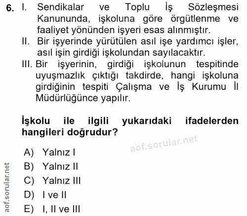 6. soru: I. Sendikalar ve Toplu Iş Sözleşmesi Kanununda, işkoluna göre örgütlenme ve faaliyet yönünden işyeri esas alınmıştır.…