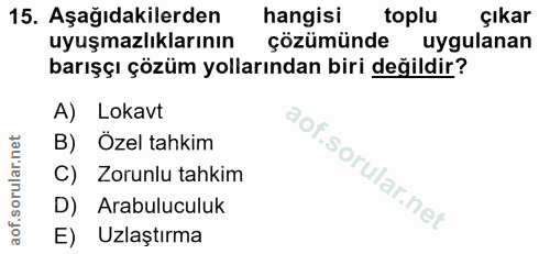 15. soru: Aşağıdakilerden hangisi toplu çıkar uyuşmazlıklarının çözümünde uygulanan barışçı çözüm yollarından biri değildir? A)…