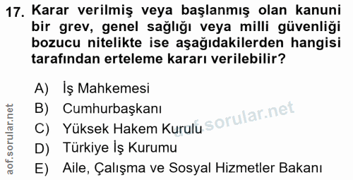 17. soru: Karar verilmiş veya başlanmış olan kanuni bir grev, genel sağlığı veya milli güvenliği bozucu nitelikte ise aşağıdaki…