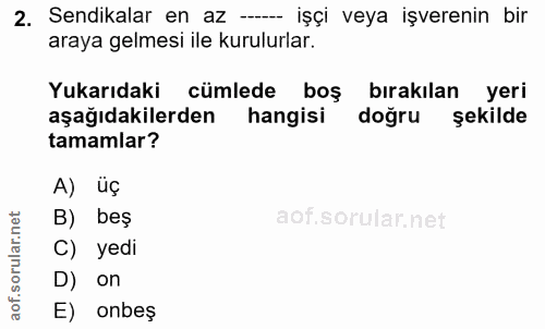 2. soru: Sendikalar en az -.... işçi veya işverenin bir araya gelmesi ile kurulurlar. Yukarıdaki cümlede boş bırakılan yeri aş…
