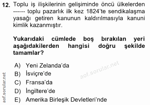 12. soru: Toplu iş ilişkilerinin gelişiminde öncü ülkelerden -- toplu pazarlık ilk kez 1824'te sendikalaşma yasağı getiren kanu…
