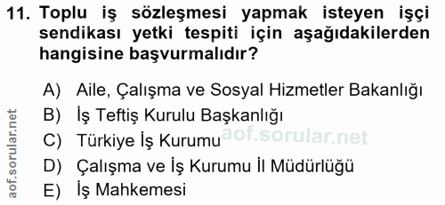 11. soru: Toplu iş sözleşmesi yapmak isteyen işçi sendikası yetki tespiti için aşağıdakilerden hangisine başvurmalıdır? A) Aile…