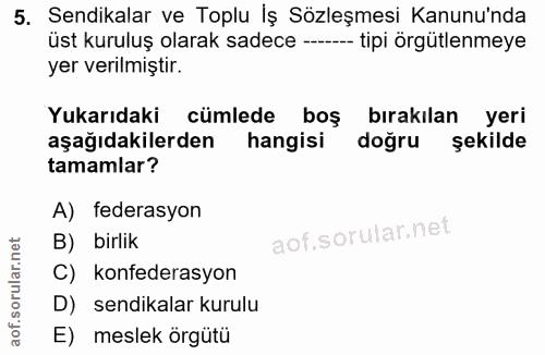 5. soru: Sendikalar ve Toplu İş Sözleşmesi Kanunu'nda üst kuruluş olarak sadece --- tipi örgütlenmeye yer verilmiştir. Yukarıd…