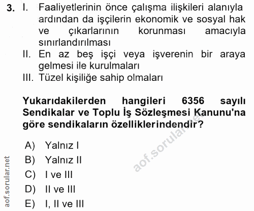 3. soru: I. Faaliyetlerinin önce çalışma ilişkileri alanıyla ardından da işçilerin ekonomik ve sosyal hak ve çıkarlarının koru…