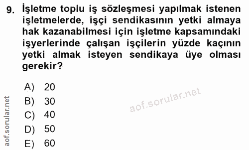 9. soru: İşletme toplu iş sözleşmesi yapılmak istenen işletmelerde, işçi sendikasının yetki almaya hak kazanabilmesi için işle…