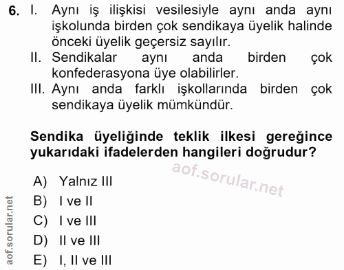 6. soru: I. Aynı iş ilişkisi vesilesiyle aynı anda aynı işkolunda birden çok sendikaya üyelik halinde önceki üyelik geçersiz s…