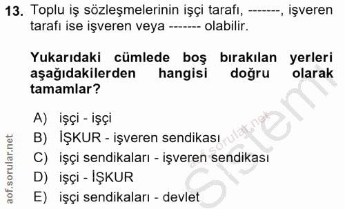 13. soru: Toplu iş sözleşmelerinin işçi tarafı, , işveren tarafi ise işveren veya -- --- olabilir. Yukarıdaki cümlede boş bırak…