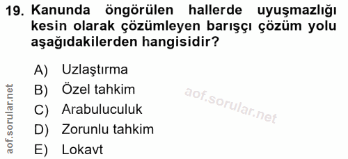 19. soru: Kanunda öngörülen hallerde uyuşmazlığı kesin olarak çözümleyen barışçı çözüm yolu aşağıdakilerden hangisidir? A) Uzla…