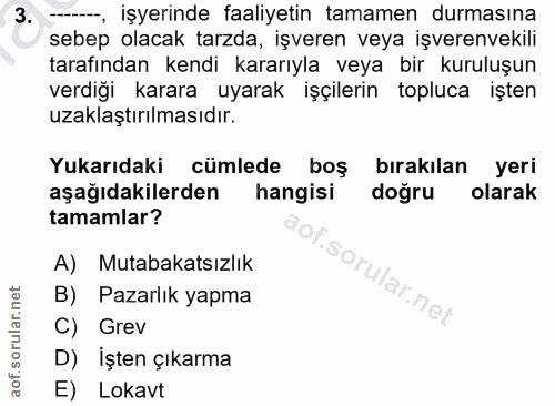 3. soru: -, işyerinde faaliyetin tamamen durmasına sebep olacak tarzda, işveren veya işverenvekili tarafından kendi kararıyla…