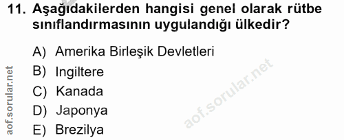 11. soru: Aşağıdakilerden hangisi genel olarak rütbe sınıflandırmasının uygulandığı ülkedir? A) Amerika Birleşik Devletleri B)…
