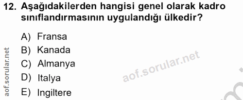 12. soru: Aşağıdakilerden hangisi genel olarak kadro sınıflandırmasının uygulandığı ülkedir? A) Fransa B) Kanada C) Almanya D)…