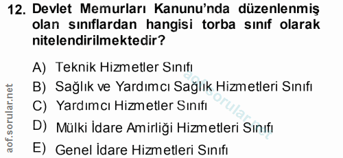 12. soru: Devlet Memurları Kanunu'nda düzenlenmiş olan sınıflardan hangisi torba sınıf olarak nitelendirilmektedir? A) Teknik H…