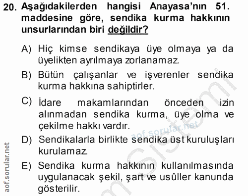 20. soru: Aşağıdakilerden hangisi Anayasa'nın 51. maddesine göre, sendika kurma hakkının unsurlarından biri değildir? A) Hiç ki…
