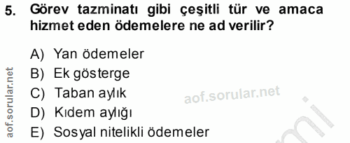 5. soru: Görev tazminatı gibi çeşitli tür ve amaca hizmet eden ödemelere ne ad verilir? A) Yan ödemeler B) Ek gösterge C) Taba…