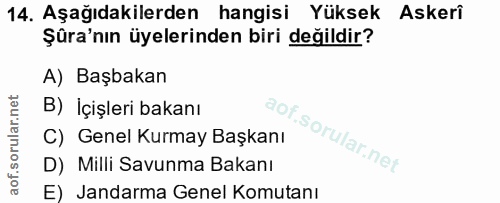 14. soru: Aşağıdakilerden hangisi Yüksek Askerî Şüra'nın üyelerinden biri değildir? A) Başbakan B) İçişleri bakanı C) Genel Kur…