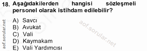 18. soru: Aşağıdakilerden hangisi sözleşmeli personel olarak istihdam edilebilir? A) Savcı B) Avukat C) Vali D) Kaymakam E) Val…