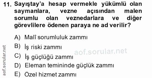11. soru: Sayıştay'a hesap vermekle yükümlü olan saymanlara, vezne açısından malen sorumlu olan veznedarlara ve diğer görevlile…