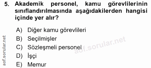 5. soru: Akademik personel, kamu görevlilerinin sınıflandırılmasında aşağıdakilerden hangisi içinde yer alır? A) Diğer kamu gö…