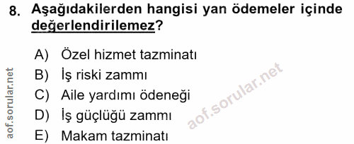 8. soru: Aşağıdakilerden hangisi yan ödemeler içinde değerlendirilemez? A) Özel hizmet tazminatı B) Iş riski zammı of. C) Aile…