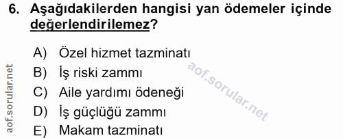 6. soru: Aşağıdakilerden hangisi yan ödemeler içinde değerlendirilemez? A) Özel hizmet tazminatı B) Iş riski zammı C) Aile yar…