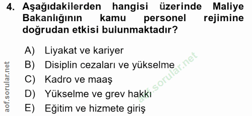 4. soru: Aşağıdakilerden hangisi üzerinde Maliye Bakanlığının kamu personel rejimine doğrudan etkisi bulunmaktadır? A) Liyakat…