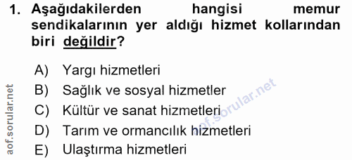1. soru: Aşağıdakilerden hangisi memur sendikalarının yer aldığı hizmet kollarından biri değildir? A) Yargı hizmetleri B) Sağl…