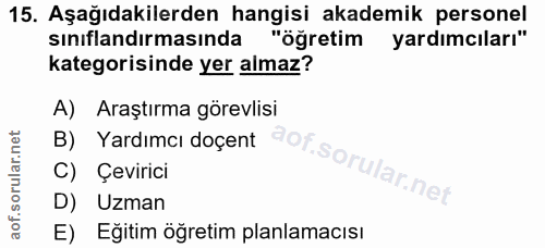 15. soru: Aşağıdakilerden hangisi akademik personel sınıflandırmasında "öğretim yardımcıları" kategorisinde yer almaz? A) Araşt…