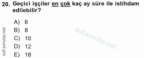 20. soru: Geçici işçiler en çok kaç ay süre ile istihdam edilebilir? A) 6 B) 8 C) 10 D) 12 E) 18
