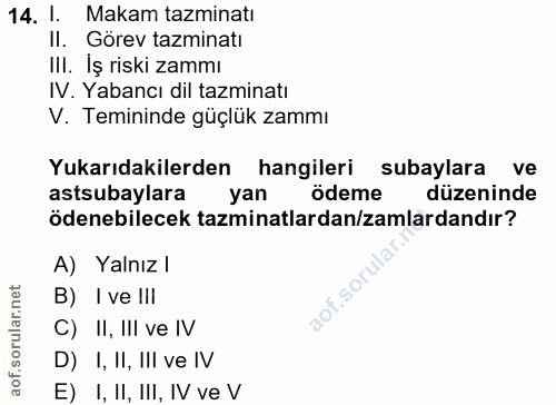 14. soru: 1. Makam tazminatı Il. Görev tazminatı IlI. Iş riski zammı IV. Yabancı dil tazminatı V. Temininde güçlük zammı Yukarı…