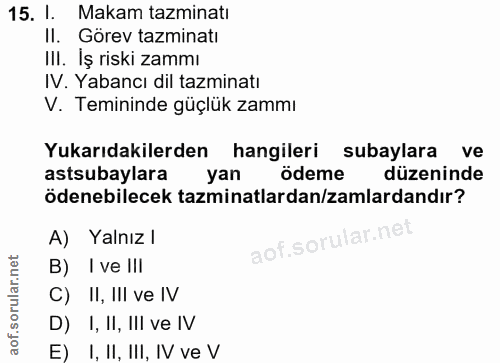 15. soru: I. Makam tazminatı II. Görev tazminatı III. Iş riski zammı IV. Yabancı dil tazminatı V. Temininde güçlük zammı Yukarı…