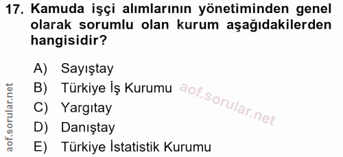 17. soru: Kamuda işçi alımlarının yönetiminden genel olarak sorumlu olan kurum aşağıdakilerden hangisidir? B) Türkiye Iş Kurumu…