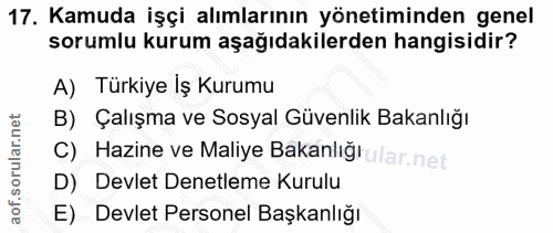17. soru: Kamuda işçi alımlarının yönetiminden genel sorumlu kurum aşağıdakilerden hangisidir? A) Türkiye Iş Kurumu B) Çalışma…