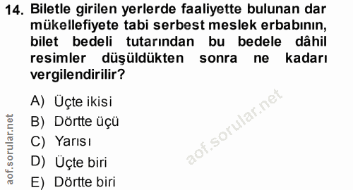 14. soru: Biletle girilen yerlerde faaliyette bulunan dar mükellefiyete tabi serbest meslek erbabının, bilet bedeli tutarından…